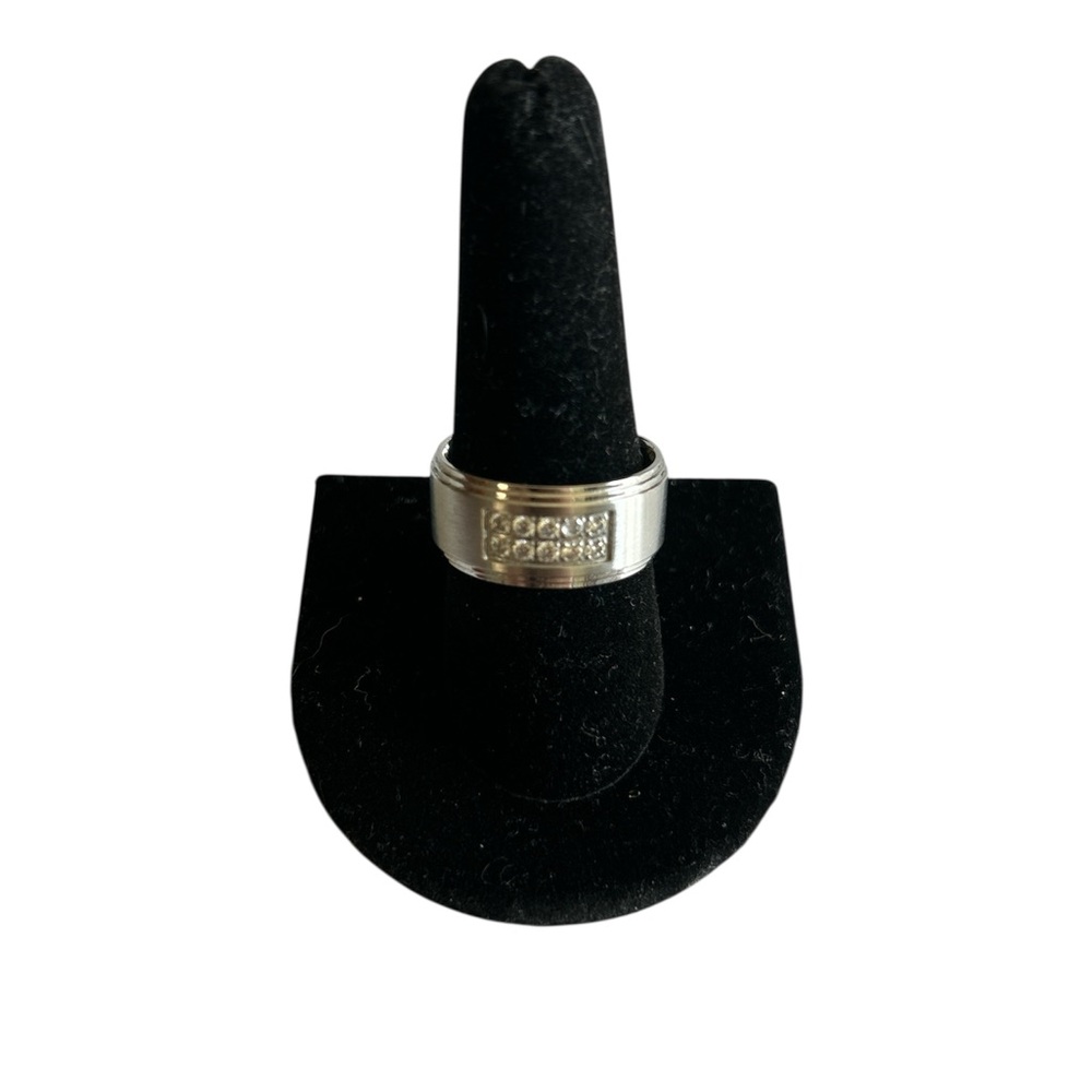 Stainless Steel 2 Row 10 Cubic Zerconia Stone Wide Wedding Band
